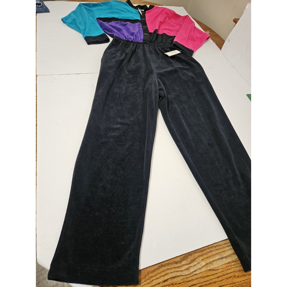 Gerry Vintage Velour 80s Multicolor Shoulder Pad Jumpsuit USA Made Size Large - Picture 2 of 9
